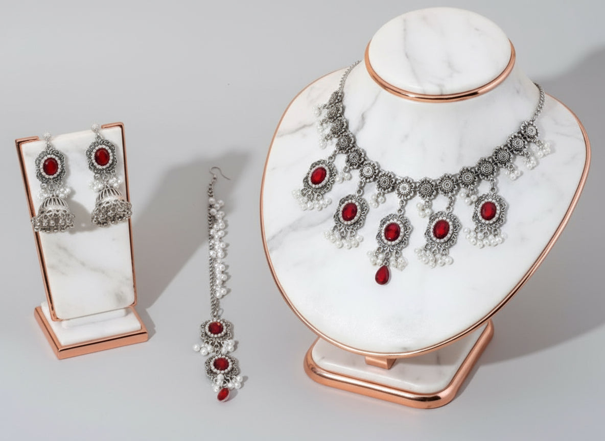 Ahalya Heritage Oxidised Silver Bridal Set — Necklace, Earrings & Maang Tikka